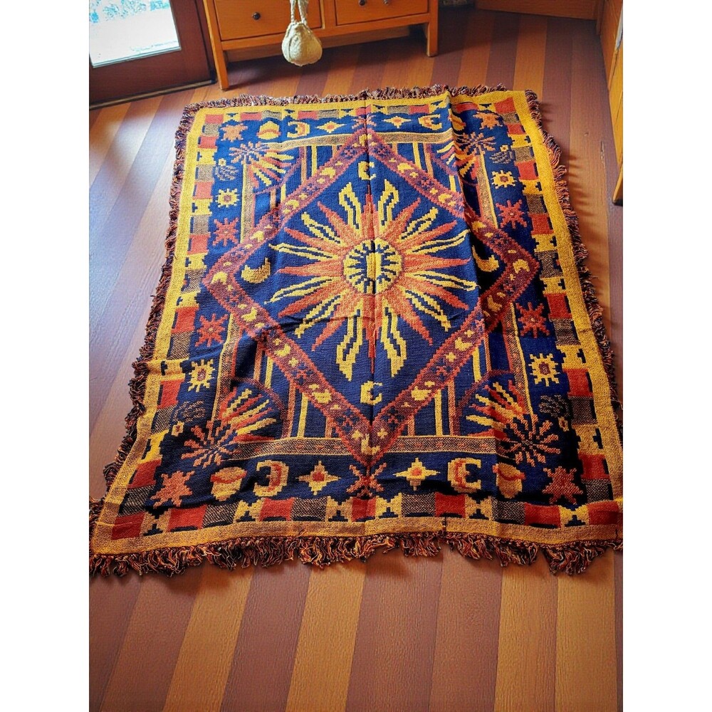 Vtg 90s Celestial Sun Moon Blanket Throw Woven Cotton Whimsigoth NOS Rare T-214